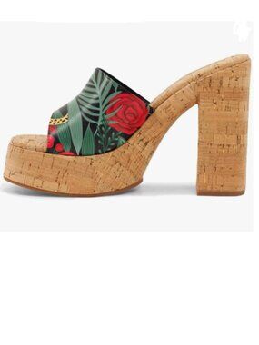 FOWT Green Flower Cork High Chunky Heel Backless Mule Platform Sandals